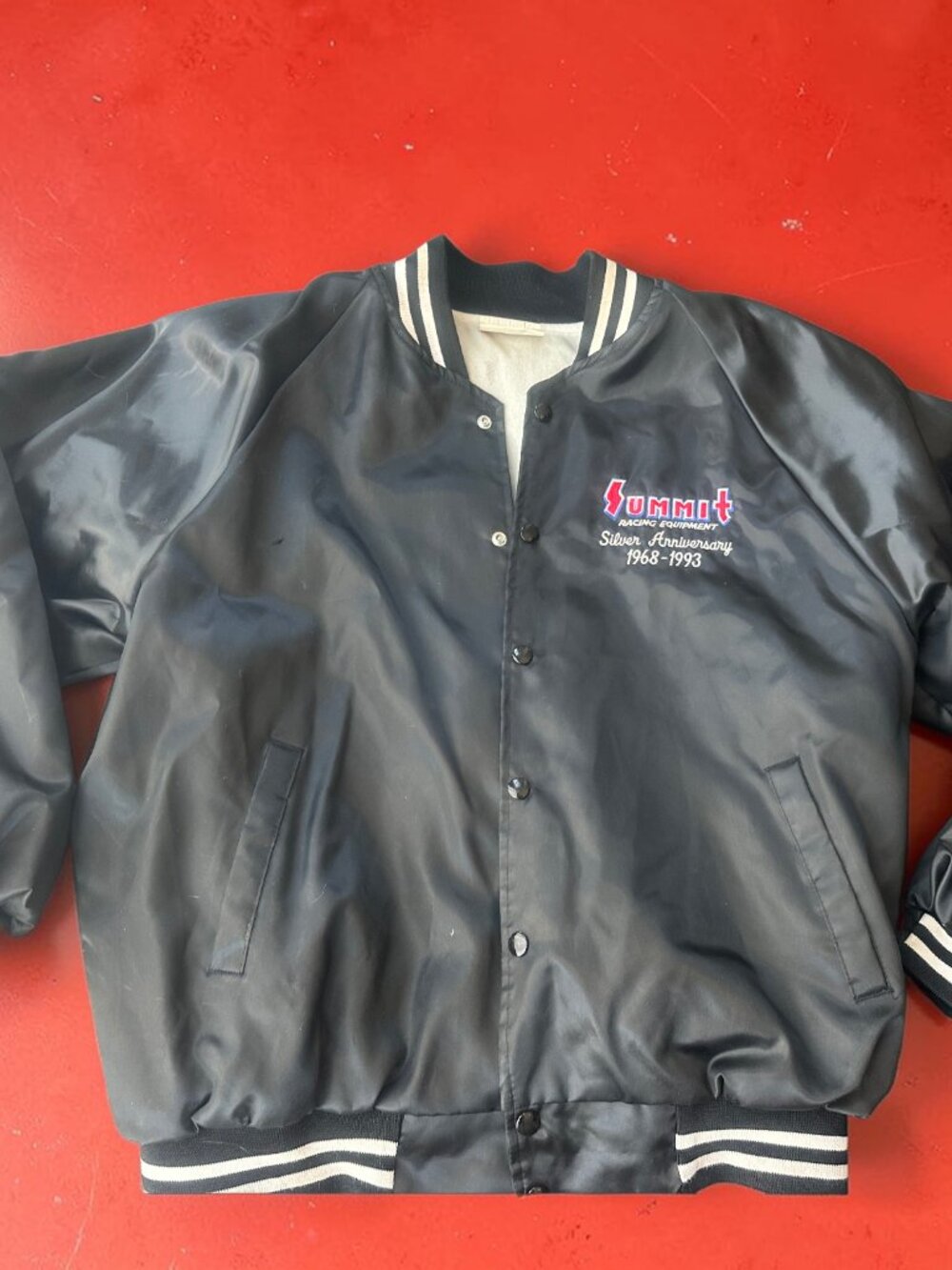 Vintage 1993 Summit Racing Equipment Satin Bomber Jacket Mens M Black Snap Fro